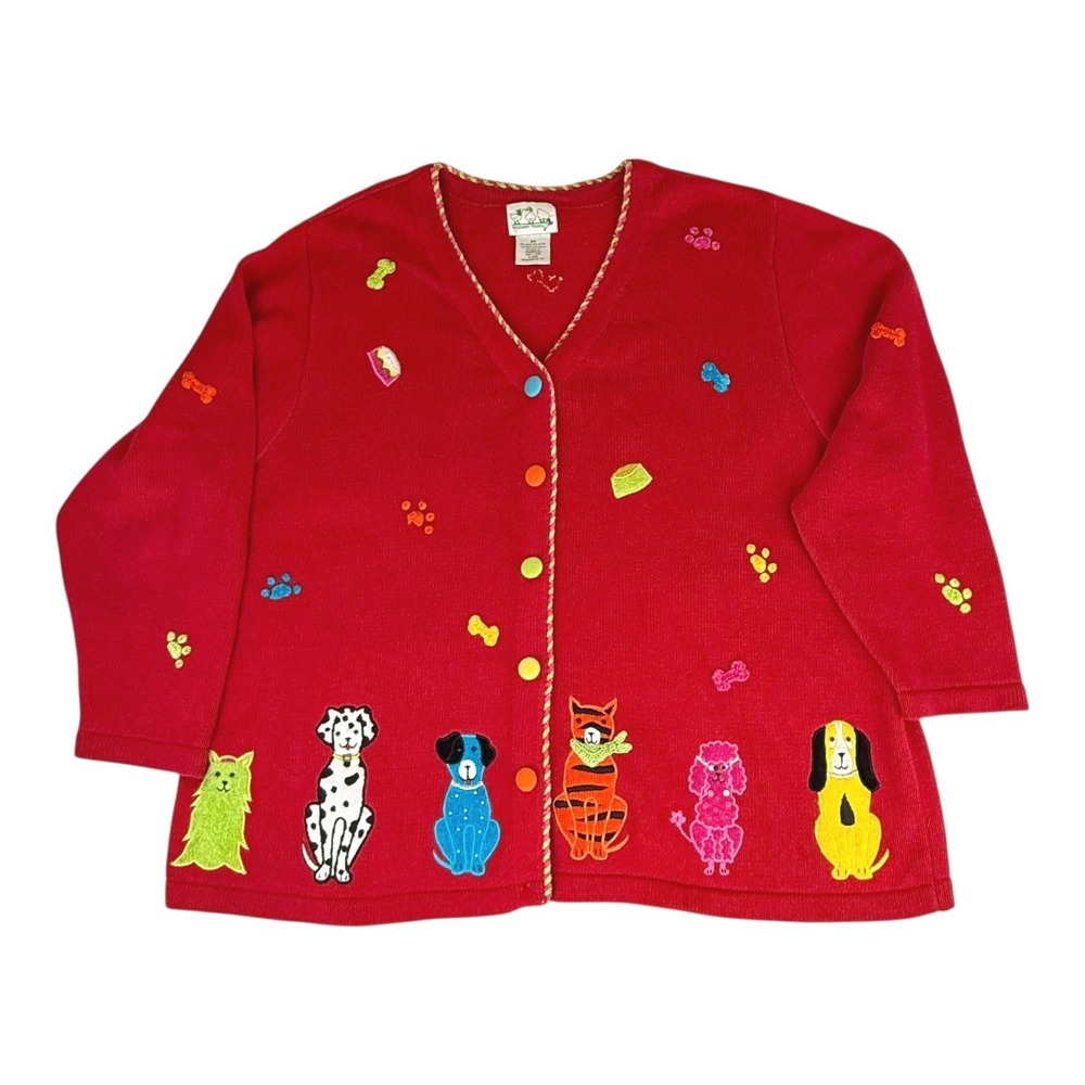 Quaker Factory 3X Red Cardigan Sweater Dog Lover Applique‎ Quirky Eclectic